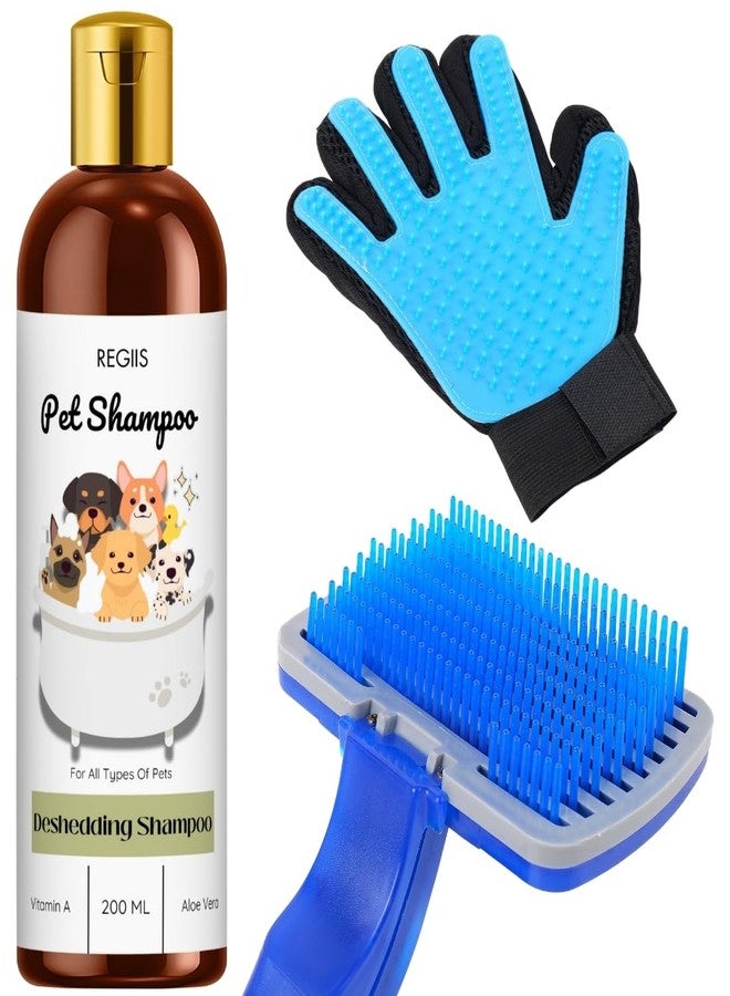 مجموعة العناية بالحيوانات الأليفة، شامبو لإزالة الشعر الزائد مع فيتامين أ والصبار، فرشاة زرقاء للعناية بالحيوانات الأليفة، قفاز لإزالة الشعر الزائد للكلاب، 200 مل - Image 1